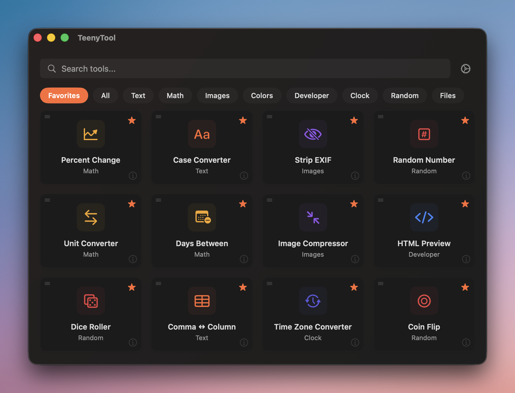 TeenyTool app showing the favorites tool grid